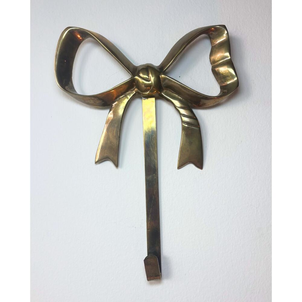 Vintage Solid Brass Bow Wall Hook Decorative Ribbon Hanger Patina